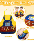 Colorful kids apron from 39 Piece Kids Tool Set With Apron, Wooden Toddler Tool Bench Includes Hammer And More, showing tool designs.