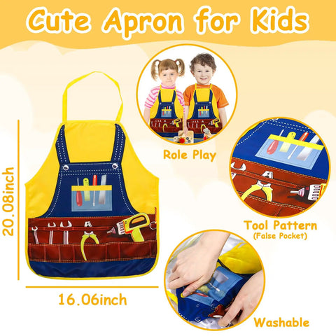 Colorful kids apron from 39 Piece Kids Tool Set With Apron, Wooden Toddler Tool Bench Includes Hammer And More, showing tool designs.