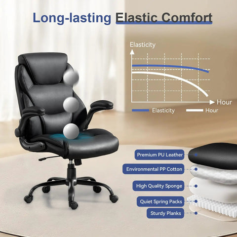 400 Lbs Capacity Big And Tall Leather Executive Office Chair With Padded Flip Up Armrests and Elastic Comfort Chart