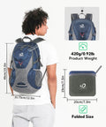 Man wearing Ultralight 30L Packable Hiking Backpack For Women And Men Foldable Travel Daypack, shown folded with dimensions