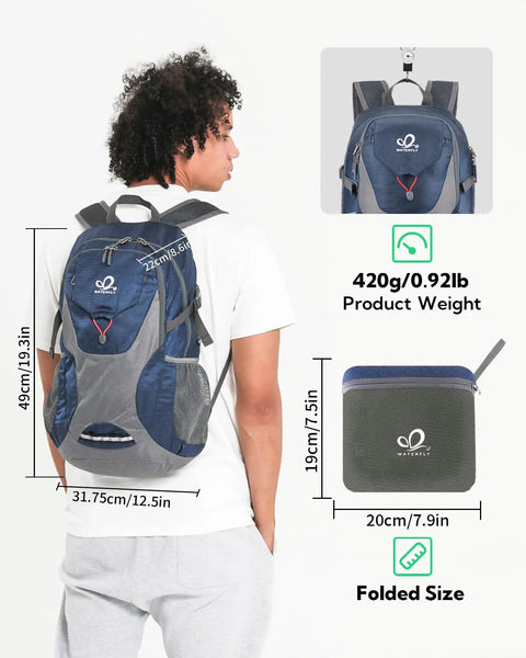 Man wearing Ultralight 30L Packable Hiking Backpack For Women And Men Foldable Travel Daypack, shown folded with dimensions