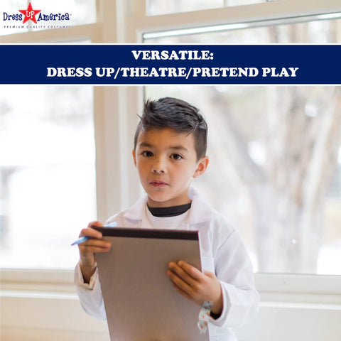 Child wearing Kids Doctor Lab Coat Costume For Unisex Dress Up Play with Realistic Three Quarter Length Coat focuses on clipboard.