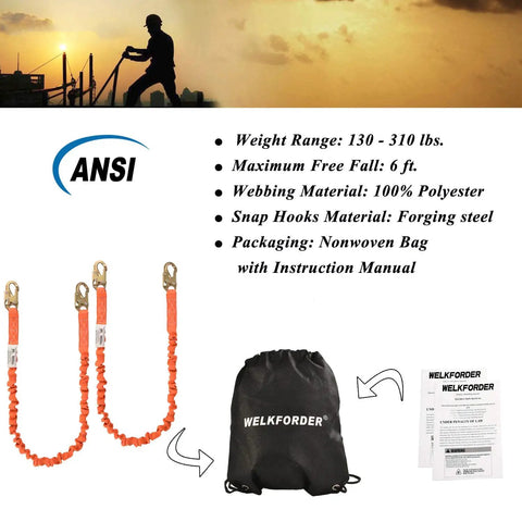 6 Foot Internal Shock Absorbing Fall Protection Lanyard With Double Forged Snap Hook Connectors ANSI Z359.13 2013 Compliant image