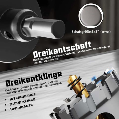 GSTK 14‑piece heavy‑duty carbide hole saw set with titanium‑plated pilots; metal drill bit shown in a drill chuck
