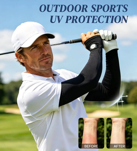 Keep Your Arms Shaded And Locked In With These Adjustable UV Sun Sleeves Featuring A Handy Watch Cutout Thumb Loop And Anti Roll Closure For Effortless Cooling On Every Road Journey, shown in outdoor sports use.