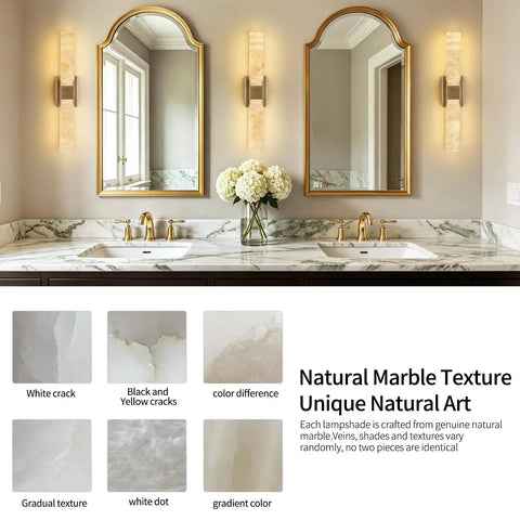 Natural Alabaster Brass Wall Sconce, Modern Indoor Bathroom Vanity Light with elegant natural marble wash basin.
