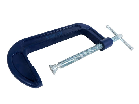Professional Heavy Duty 6 Inch C Clamps 2 Pack Rugged Malleable Steel Workholding Vise With 1350 Lbs Squeeze Acme Thread Screw and Swivel Pad, blue clamp side view.