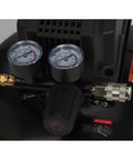 Portable 3 Gallon Air Compressor 0.3 HP 110 PSI Max Pressure Oil Free Pump showing pressure gauges and connectors.