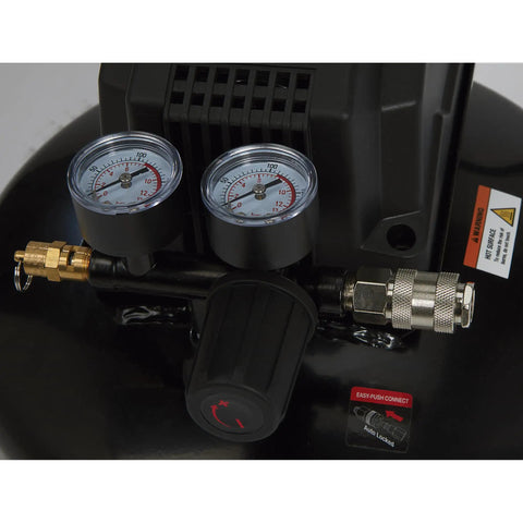 Portable 3 Gallon Air Compressor 0.3 HP 110 PSI Max Pressure Oil Free Pump showing pressure gauges and connectors.
