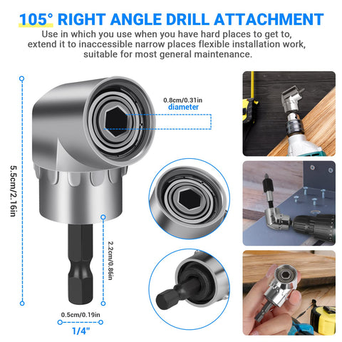 105° right angle drill attachment from 32 Piece Flexible Drill Bit Extension Set in use with various drills and measurements shown.