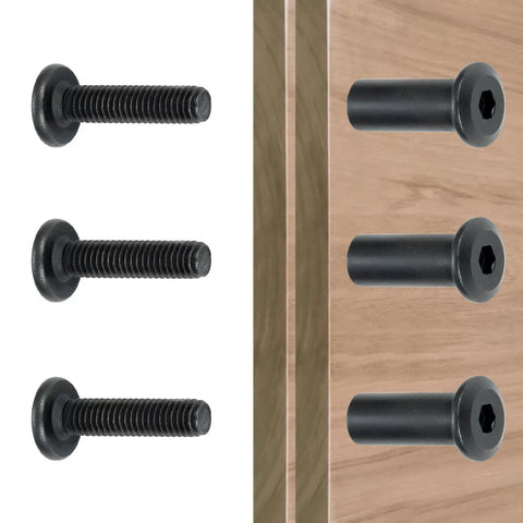Zero Sweat Assembly M8x25mm Black Barrel Nuts And Heavy Duty Furniture Bolts 100 Pack with black screws and wood panel.