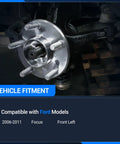 Front Left Steering Knuckle And Wheel Bearing Hub Assembly For Ford Focus 2006 To 2011 Left Driver Side Replacement Includes Hub And Bearing Drop In Fit 698-407 698407 LK003 6S4Z1215B 7S4Z1104A installed view
