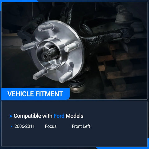 Front Left Steering Knuckle And Wheel Bearing Hub Assembly For Ford Focus 2006 To 2011 Left Driver Side Replacement Includes Hub And Bearing Drop In Fit 698-407 698407 LK003 6S4Z1215B 7S4Z1104A installed view
