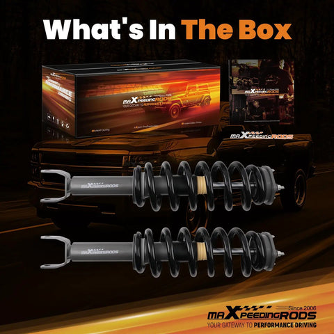 Boost Your Stance With These 2 Inch Loaded Front Struts For Ram 1500 2019 To 2025 displayed with packaging and details.