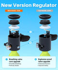 Comparison of new and old model S300 regulators with valve upgrades on compact 0.5L scuba tank for emergency air backup.