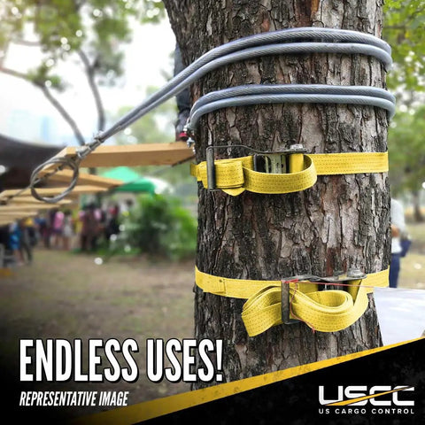 Endless Ratchet Straps 4 Pack, 2 Inch By 20 Foot Hookless Tie Down Straps securing ropes around a tree
