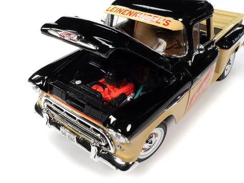 1957 Chevy 3100 Stepside Diecast Pickup 1 18 Scale Black And Tan Model With Opening Doors And Hood, detailed engine view
