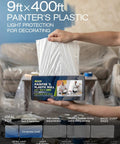 Massive Ultra Clear Painter Plastic Roll 9 By 400 Feet 0.31 Mil HDPE Sheeting With Hassle Free Dispenser Box held in hand.