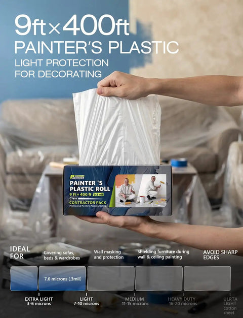 Massive Ultra Clear Painter Plastic Roll 9 By 400 Feet 0.31 Mil HDPE Sheeting With Hassle Free Dispenser Box held in hand.