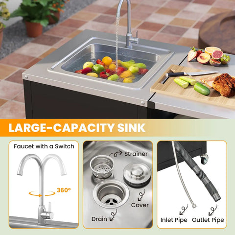 80 Inch Outdoor Grill Table With Sink And Drainage, heavy duty metal cart with stainless steel top showing large sink area.