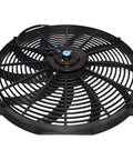 No Sweat Universal 16 Inch Electric Radiator Fan Kit With Reversible S Blade Push Pull Design 12 Volt shown from above with black housing.