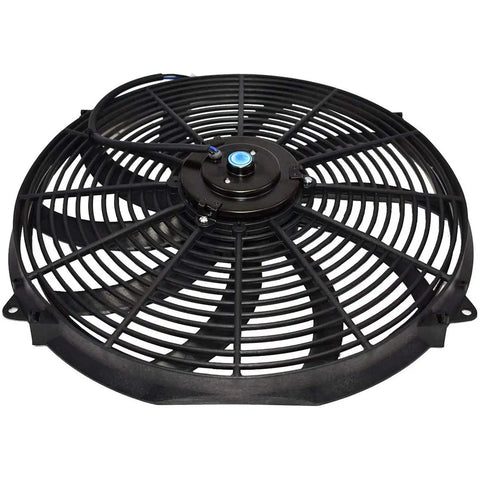 No Sweat Universal 16 Inch Electric Radiator Fan Kit With Reversible S Blade Push Pull Design 12 Volt shown from above with black housing.
