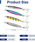 Heavyweight Forty Gram Vertical Casting Jig With Razor Sharp Treble Hooks And Streamlined Silver Shape in four color variations.