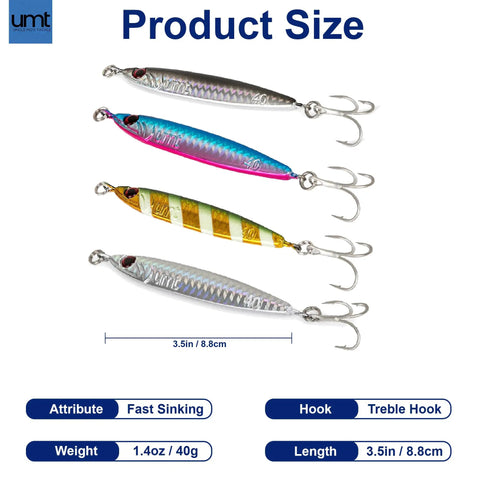 Heavyweight Forty Gram Vertical Casting Jig With Razor Sharp Treble Hooks And Streamlined Silver Shape in four color variations.