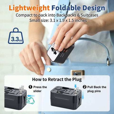 Person placing GaN Worldwide Travel Adapter All In One Universal Charger With PD3.0 Type C And USB A into a blue bag
