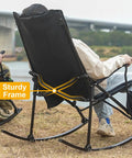 Side view of Two Pack High Back Portable Rocking Chairs With Hard Armrests For Outdoor Hangouts by a river