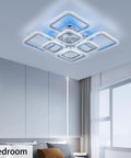 Installed Dope Modern Ceiling Light Fixture with 23.6 Inch LED Panel and Five Square Lamps in a modern bedroom setting.