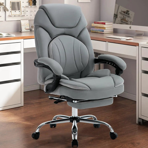 Ergonomic 400lbs Capacity Reclining Office Chair With Footrest And Back Support High Back Wide Seat Napping Recliner PU Leather Grey