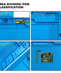 Pro Grade Heat Resistant Solder Pad With Anti Static Magnetic Silicone Large Workbench Pad With Built In Scale For Cell Phones Computers And Electronics Repairs 17.7 By 11.8 Inches Blue with divided component sections.