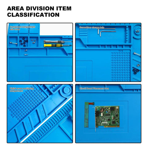 Pro Grade Heat Resistant Solder Pad With Anti Static Magnetic Silicone Large Workbench Pad With Built In Scale For Cell Phones Computers And Electronics Repairs 17.7 By 11.8 Inches Blue with divided component sections.