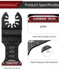 Heavy Duty Carbide Oscillating Tool Blades 5PC Set Pro Grade blade profile with 23 TPI teeth, cutting depth and width details.