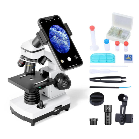 Educational Microscope Kit For Adults And Kids With 100 To 2000x Magnification, including phone adapter and slides set