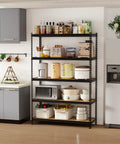 Heavy Duty Five Tier Metal Storage Rack With Ultra High Load Capacity 3850 Lbs for kitchen storage beside gray cabinets.