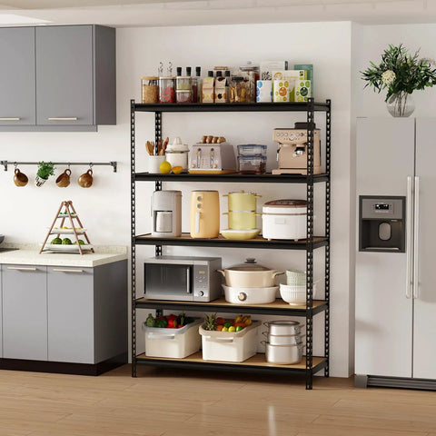 Heavy Duty Five Tier Metal Storage Rack With Ultra High Load Capacity 3850 Lbs for kitchen storage beside gray cabinets.