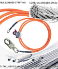 Pro Grade Tree Climbing Kit With Spikes And Adjustable Straps, Steel Core Flip Line showing orange rope and aluminum carabiner.