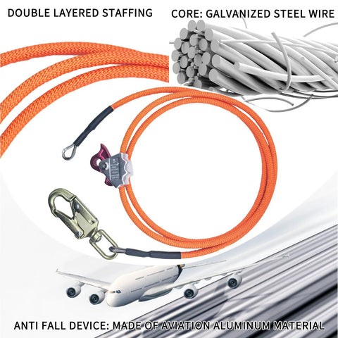 Pro Grade Tree Climbing Kit With Spikes And Adjustable Straps, Steel Core Flip Line showing orange rope and aluminum carabiner.