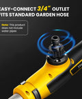 Easy-connect outlet for Rock Solid Cordless Stick Water Transfer Pump showing compatibility with standard garden hose.