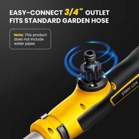Easy-connect outlet for Rock Solid Cordless Stick Water Transfer Pump showing compatibility with standard garden hose.