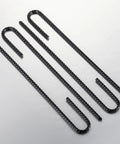 Extra Heavy Duty UJ Hook Rebar Ground Anchors Twelve Inch Long By One Quarter Inch Diameter Rust Proof Coated Steel For Garden Tent And Trampoline Fifty Pieces J Hook For Outdoor Use To Secure Tents Canopies Play Equipment In Wind, arranged in a row, visible from above