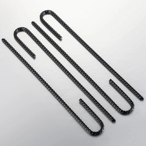 Extra Heavy Duty UJ Hook Rebar Ground Anchors Twelve Inch Long By One Quarter Inch Diameter Rust Proof Coated Steel For Garden Tent And Trampoline Fifty Pieces J Hook For Outdoor Use To Secure Tents Canopies Play Equipment In Wind, arranged in a row, visible from above