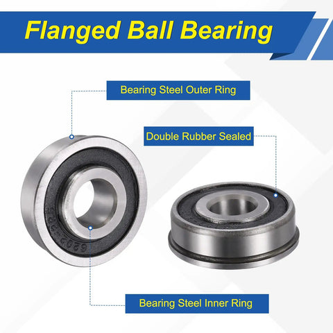 Flanged Ball Bearing 2 Pack With Half Inch Bore And Outer Diameter One And Three Eighths Inches One Half Inch Thick Beefy Heavy Duty Deep Groove Steel Replacements For Lawn Mower Wheelbarrow Cart And Hand Trolley, double rubber sealed