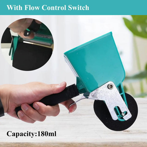 Heavy Duty Portable Glue Roller With Smart Flow Control Switch For Even Woodworking Adhesive Coating And No Drama Diy Fix Projects All Year Long Using 180 Ml Tank Capacity, shown in use with hand grip.