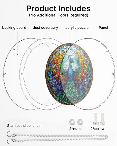 Acrylic Suncatcher Puzzle Kit With Double Sided Peacock Radiance UV Printed Sun Catcher components including frame and chain.