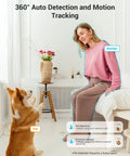 2K Indoor Security Camera System With 360 Degree Coverage, Smart Baby Monitor And Pet Camera For Home Surveillance, Day Night Vision With IR Cut, Auto Motion Tracking, Privacy Mode, Two Pack demonstrating motion tracking with pet and woman.