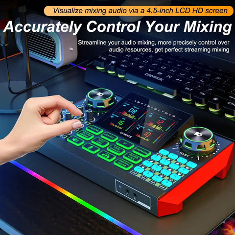 Hand adjusting G9 Live Sound Card And Streaming Mixer with Built-In Audio Interface for Smartphones and PCs on desk