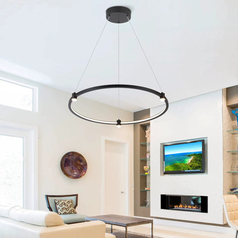 Dope Sleek Black Circular Ring LED Pendant Light Dimmable Ceiling Fixture 23.6 Inch Hanging in modern living room